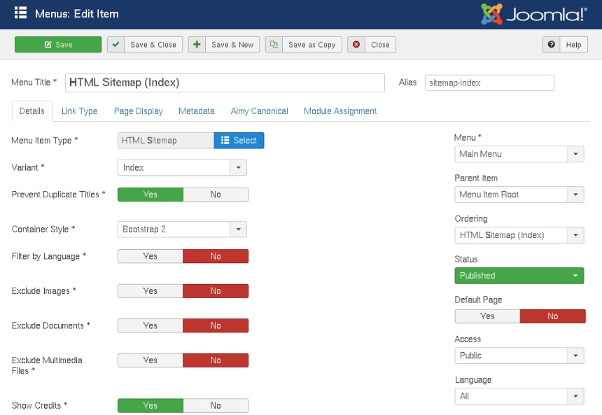 Joomla! Menu Type for Aimy Sitemap